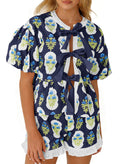 Aoysky Womens Dark Blue Floral Ruffle Short Set