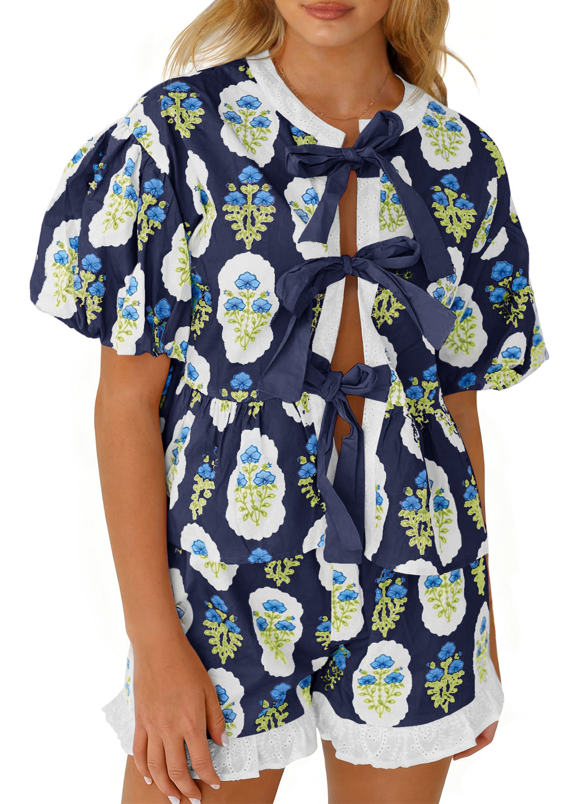 Aoysky Womens Dark Blue Floral Ruffle Short Set