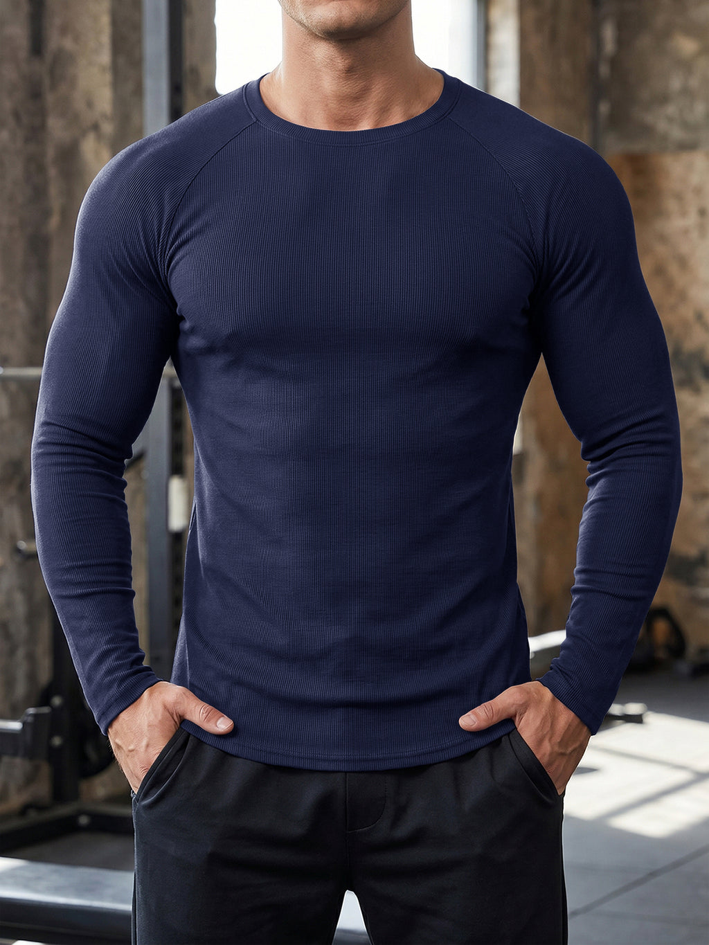 Aoysky Mens Dark Blue Ribbed Workout Shirt