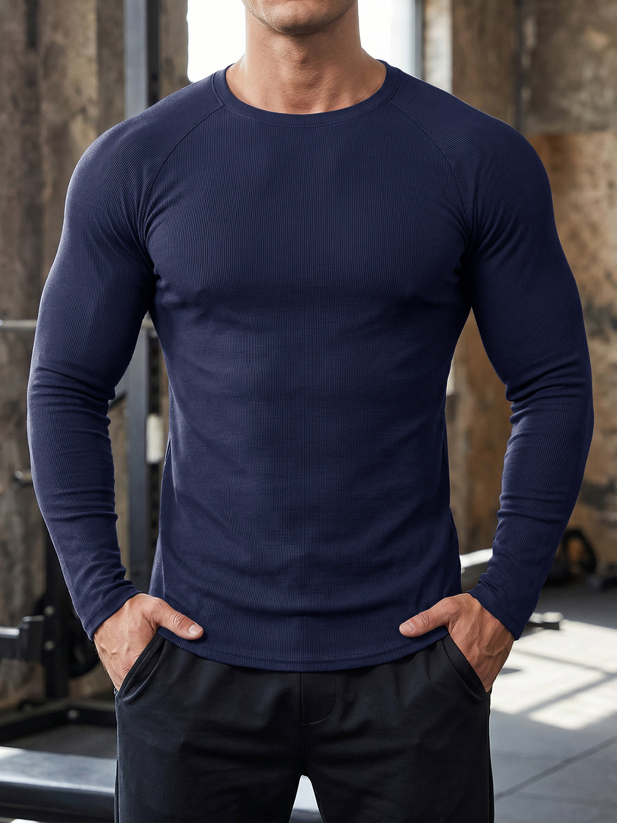 Aoysky Mens Dark Blue Ribbed Workout Shirt