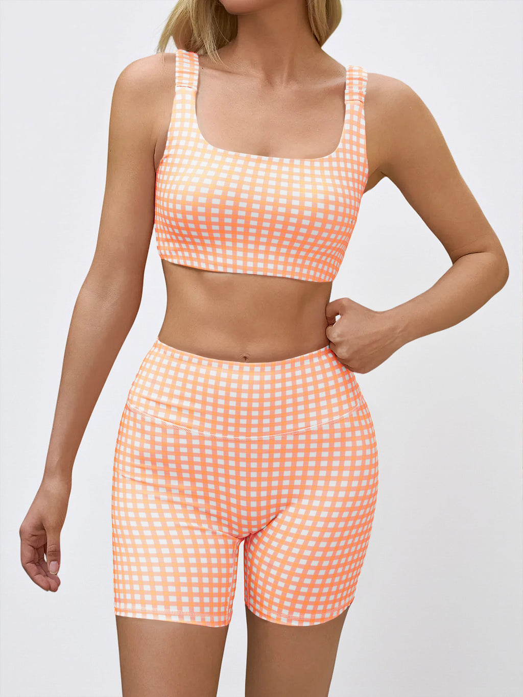 Aoysky Womens Orange Gingham Workout Set