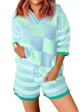 Aoysky Womens Light Blue Striped Knit Short Set