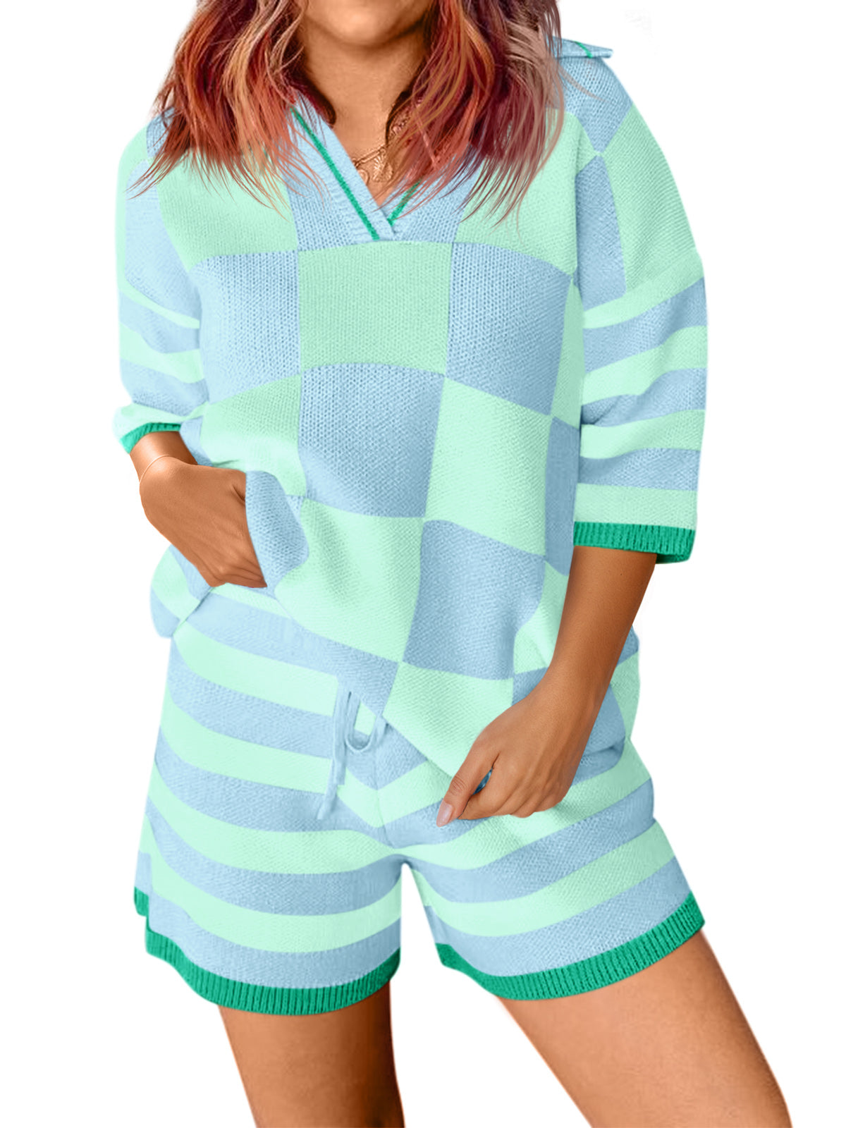 Aoysky Womens Light Blue Striped Knit Short Set