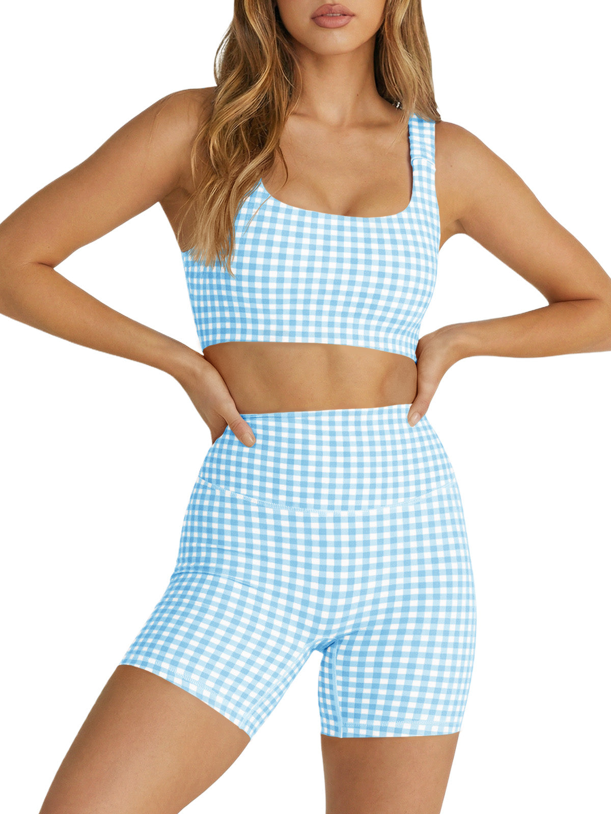 Aoysky Womens Light Blue Gingham Workout Set