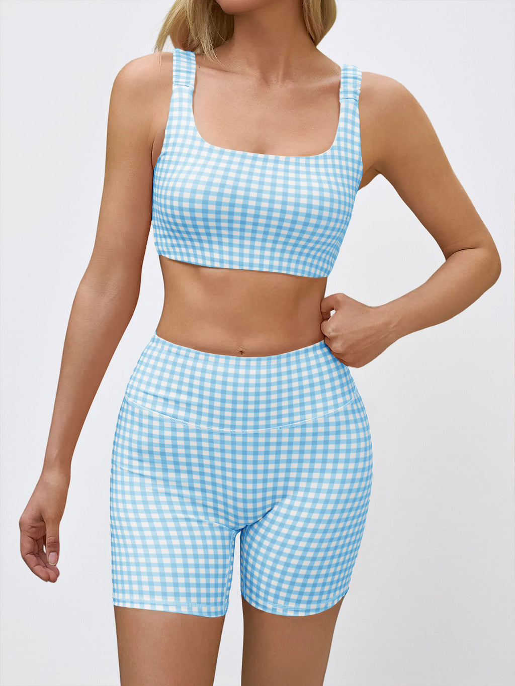 Aoysky Womens Light Blue Gingham Workout Set