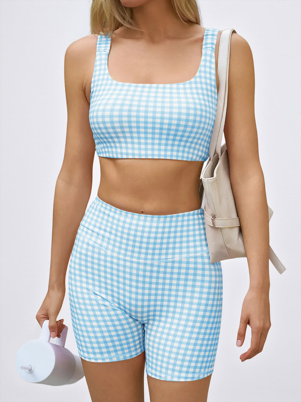 Aoysky Womens Light Blue Gingham Workout Set
