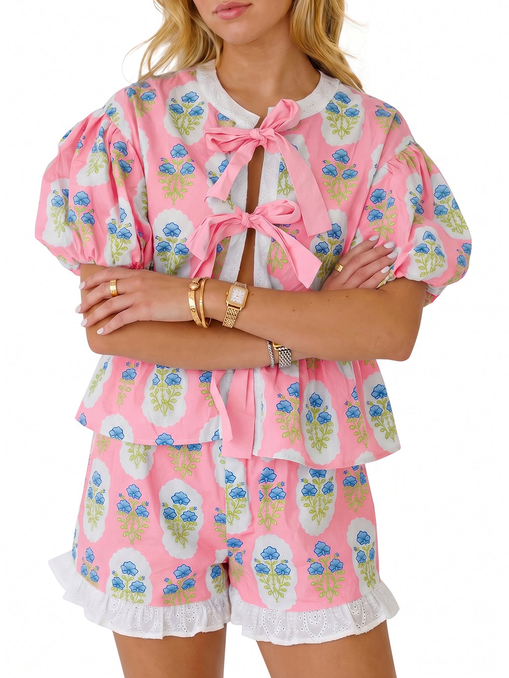 Aoysky Womens Light Pink Floral Ruffle Short Set