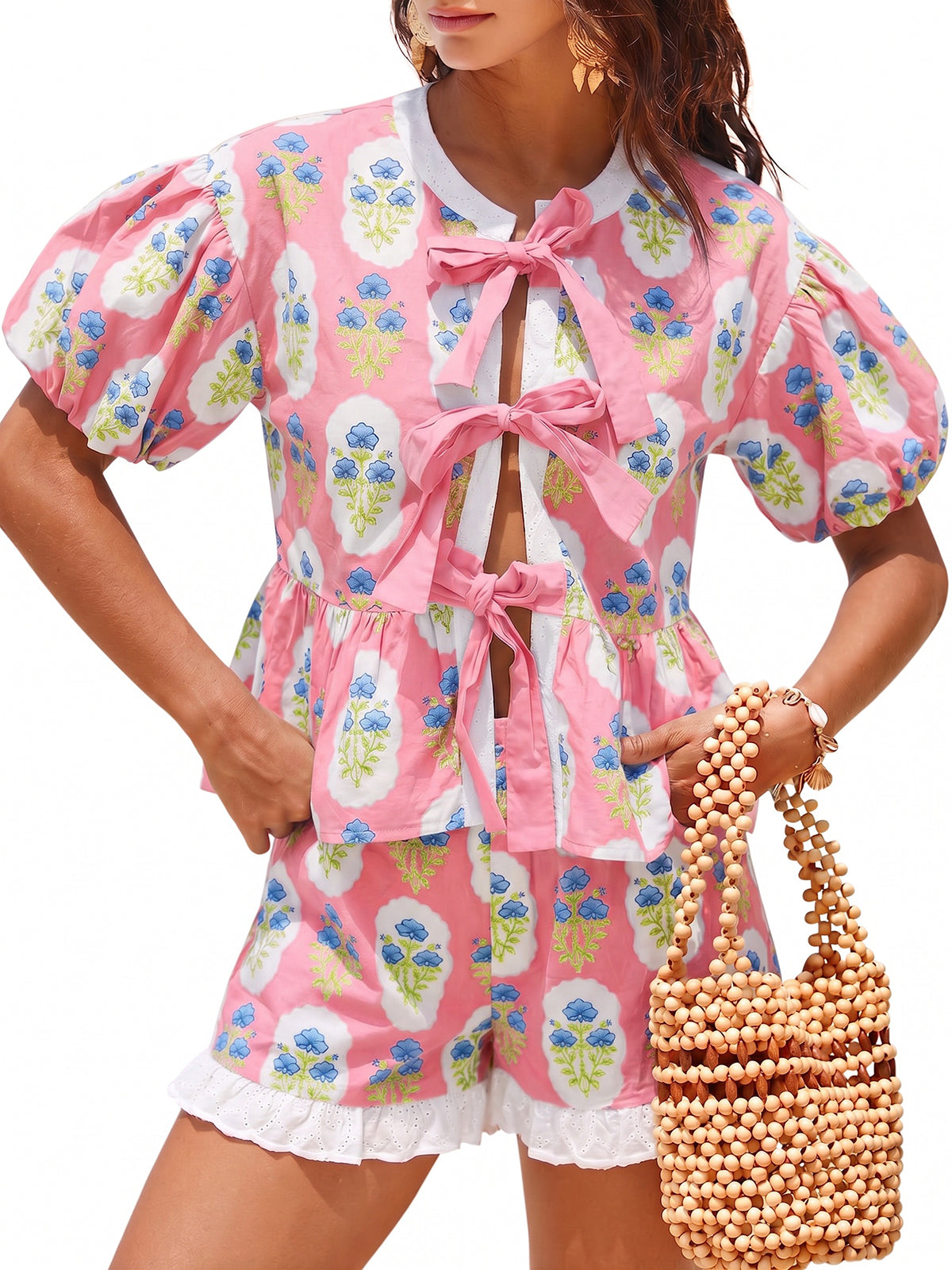 Aoysky Womens Light Pink Floral Ruffle Short Set