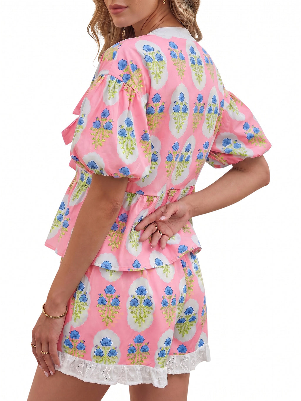 Aoysky Womens Light Pink Floral Ruffle Short Set