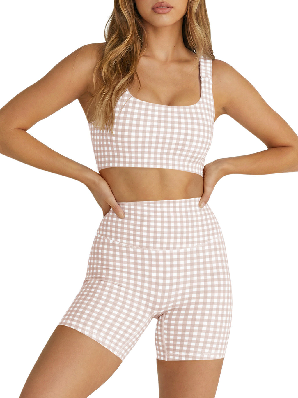 Aoysky Womens Light Khaki Gingham Workout Set