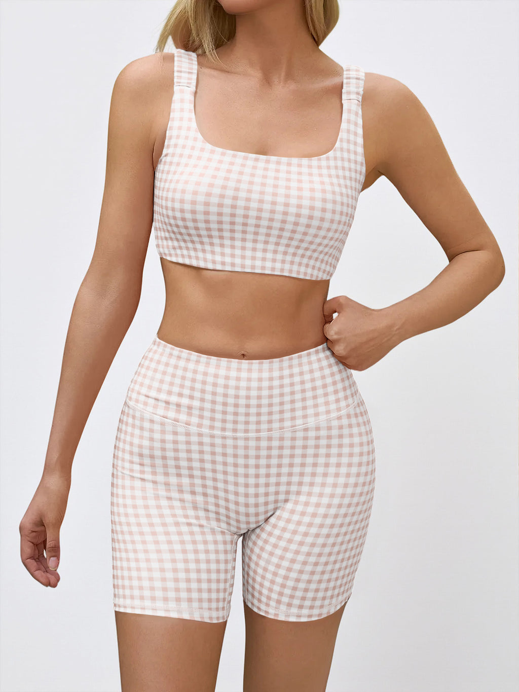Aoysky Womens Light Khaki Gingham Workout Set