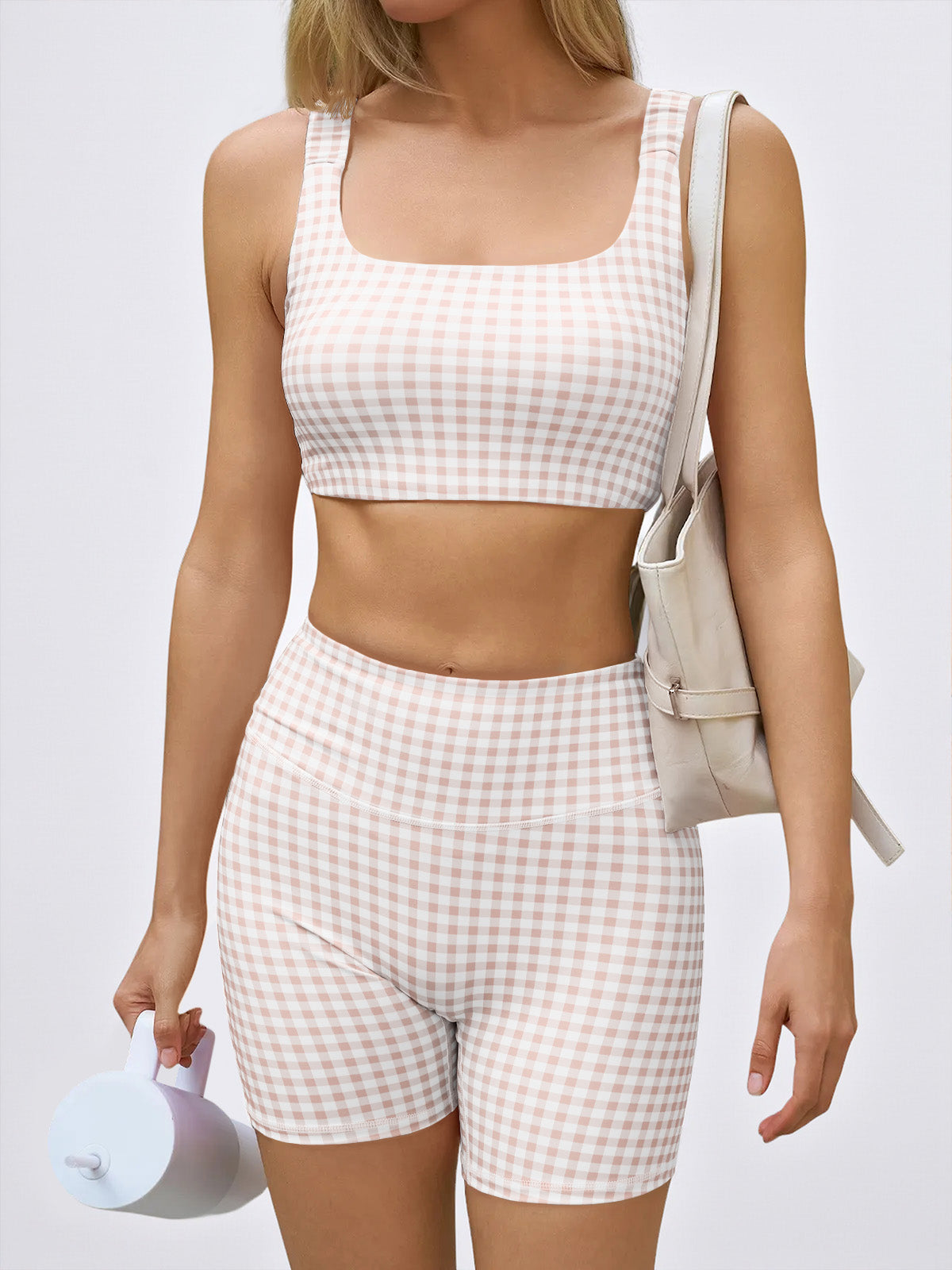 Aoysky Womens Light Khaki Gingham Workout Set
