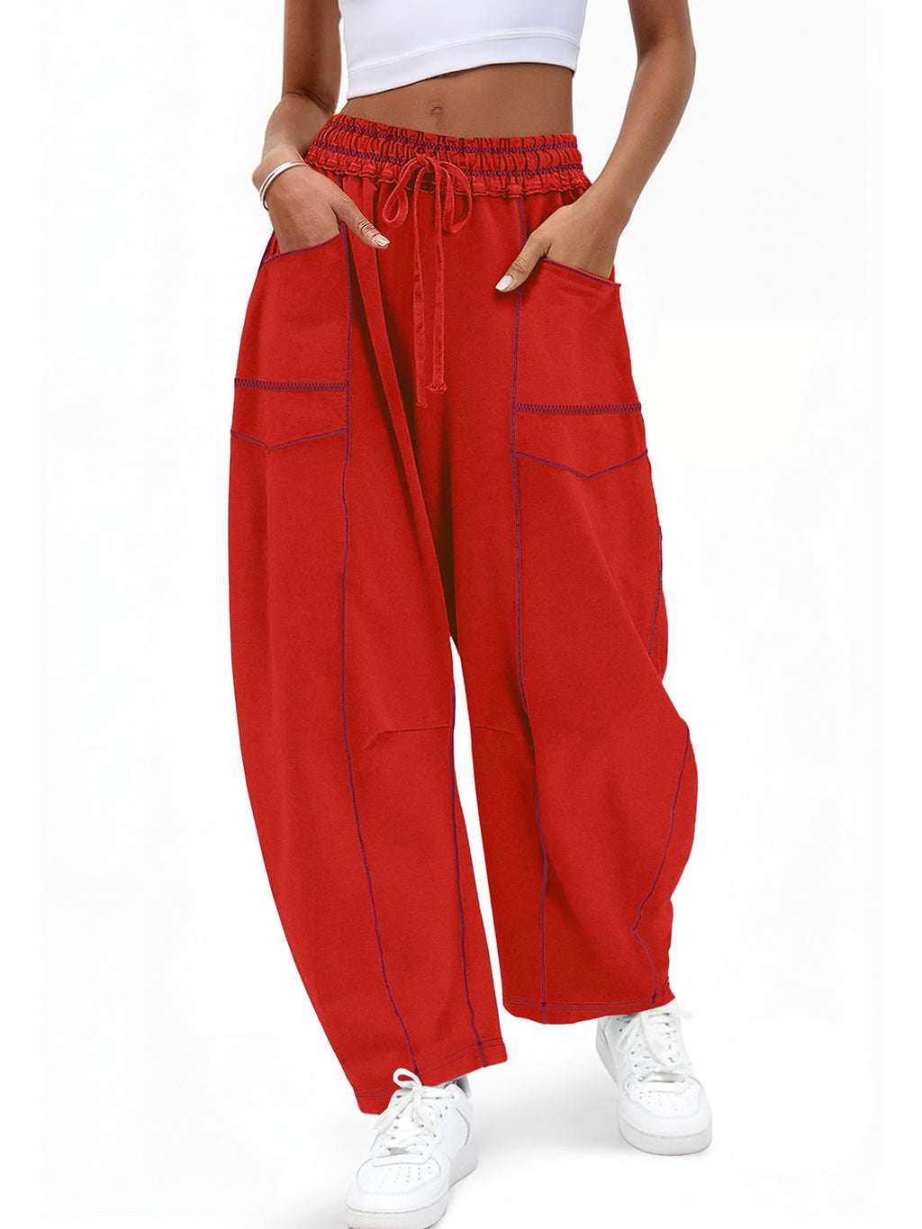 Aoysky Womens Red Wide Leg Barrel Pants