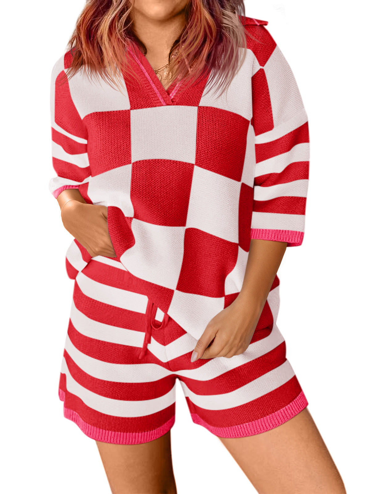Aoysky Womens Red Striped Knit Short Set
