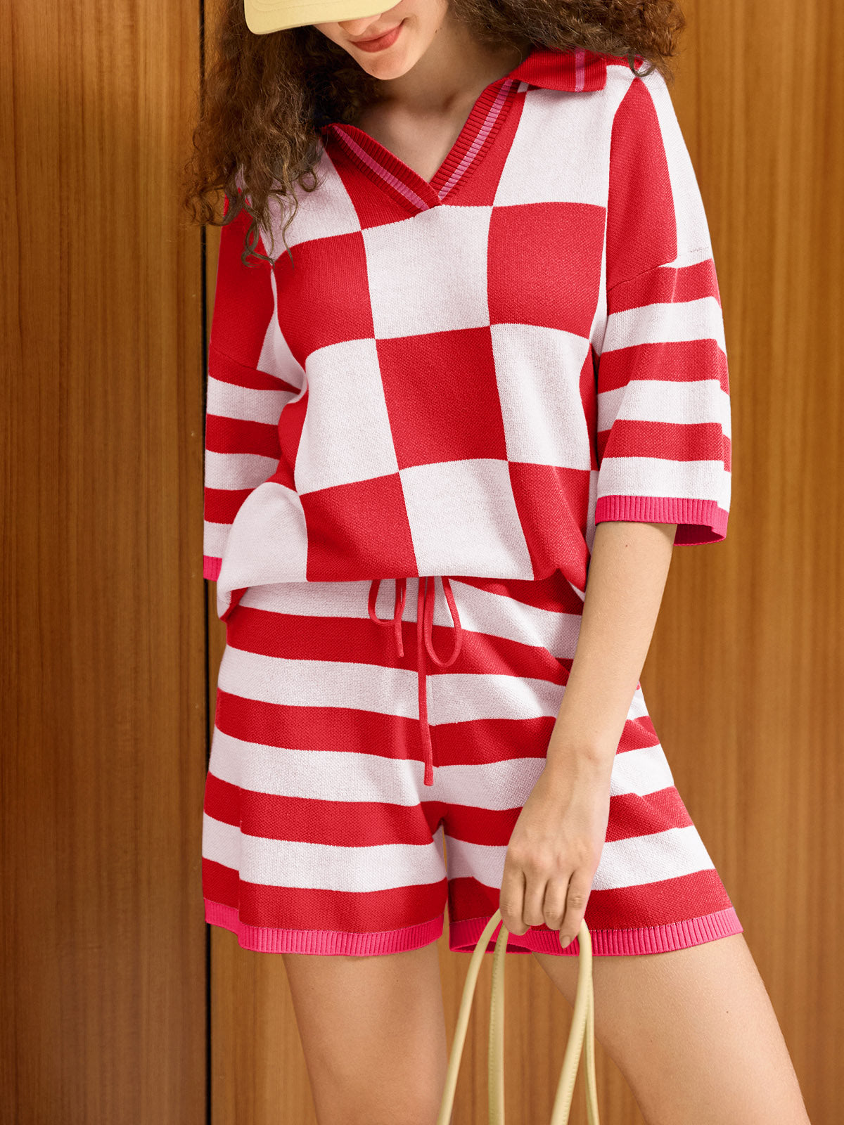 Aoysky Womens Red Striped Knit Short Set