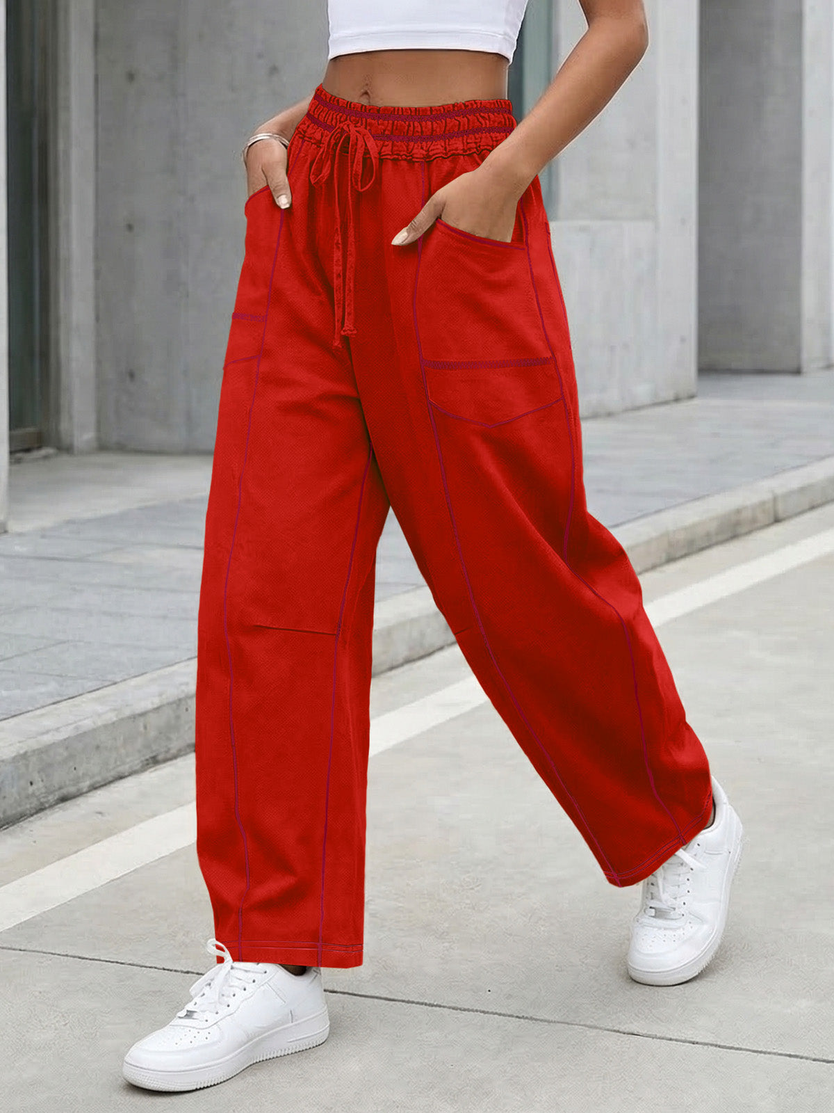 Aoysky Womens Red Wide Leg Barrel Pants