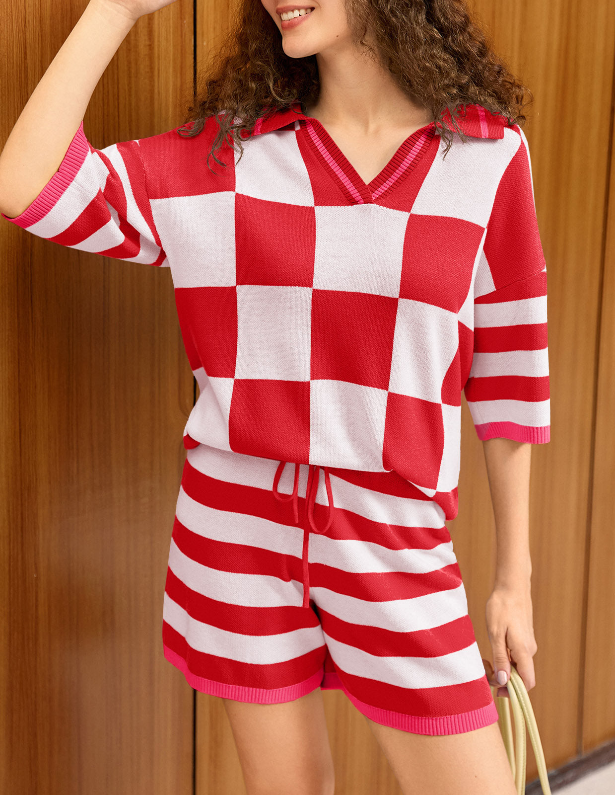 Aoysky Womens Red Striped Knit Short Set