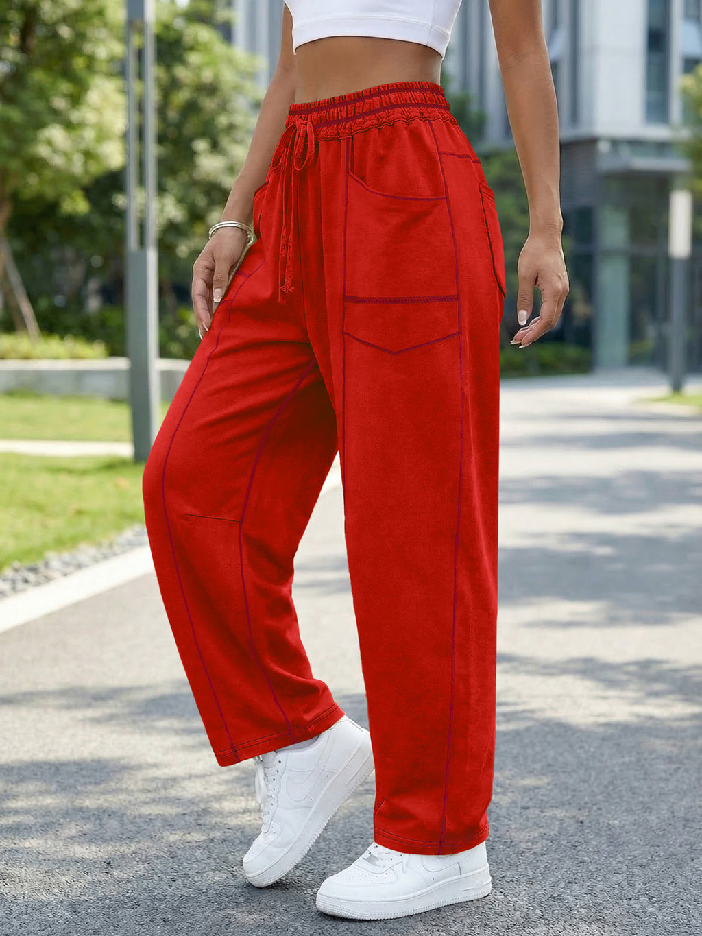 Aoysky Womens Red Wide Leg Barrel Pants