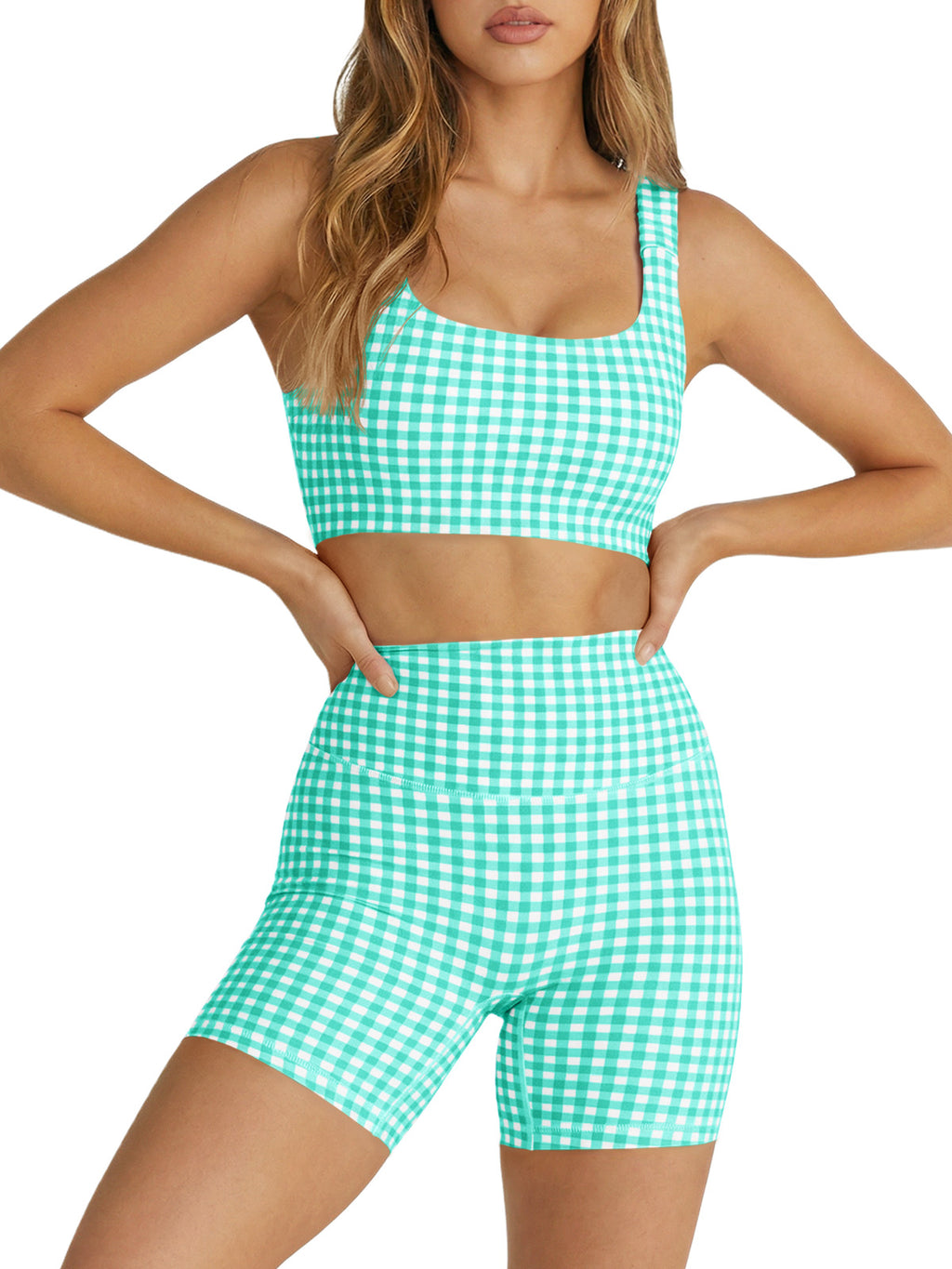 Aoysky Womens Dark Green Gingham Workout Set