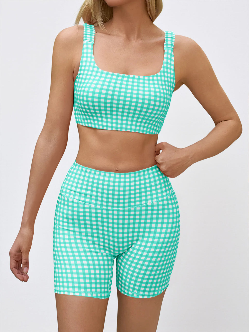 Aoysky Womens Dark Green Gingham Workout Set