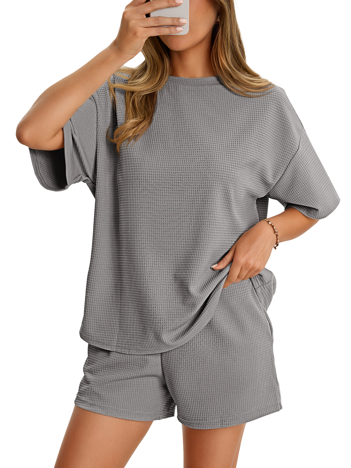 Aoysky Womens Taupe Waffle Knit Short Set
