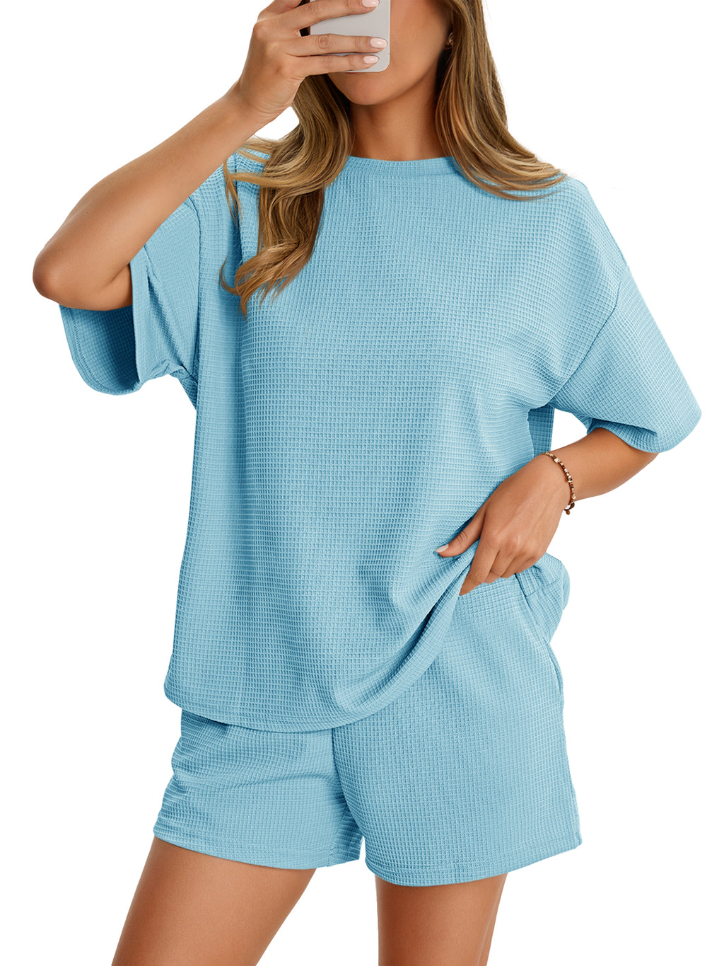 Aoysky Womens Sky Blue Waffle Knit Short Set