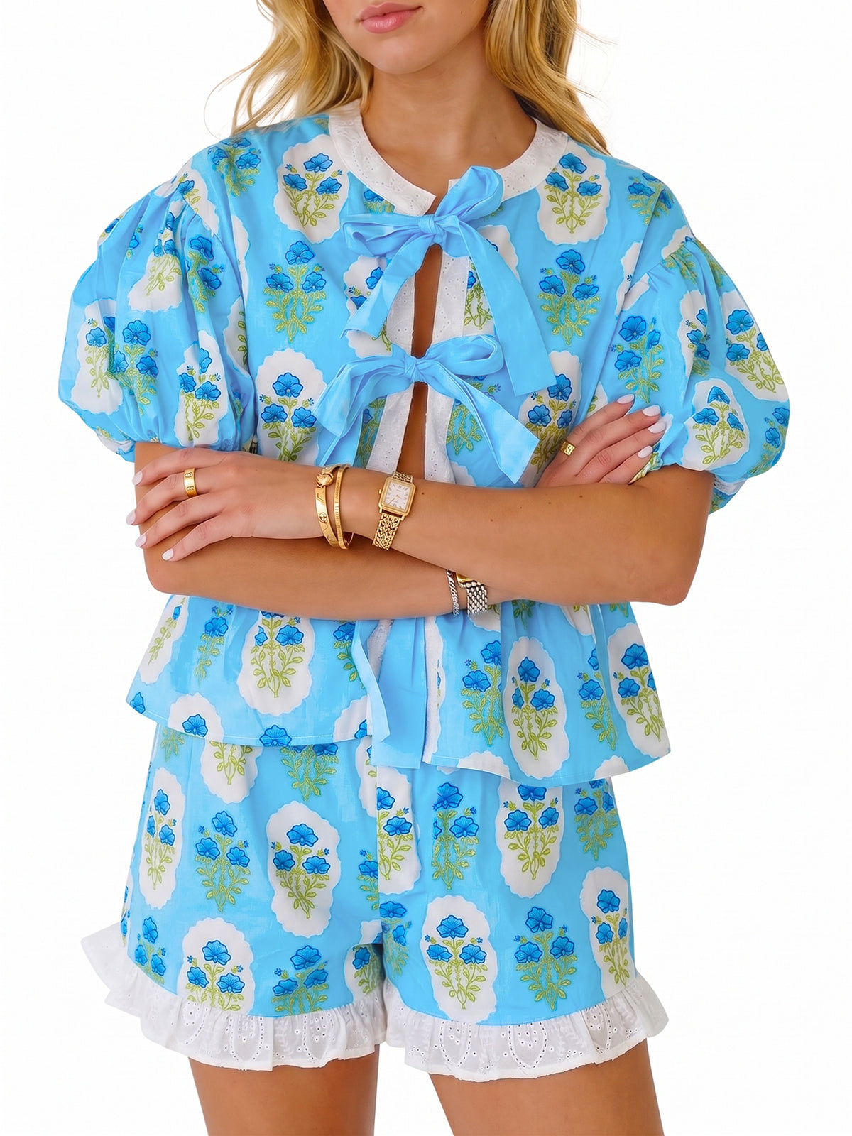 Aoysky Womens Sky Blue Floral Ruffle Short Set