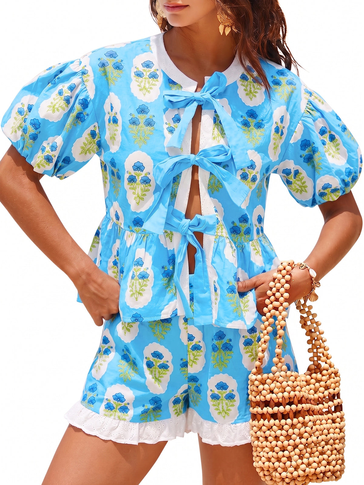 Aoysky Womens Sky Blue Floral Ruffle Short Set