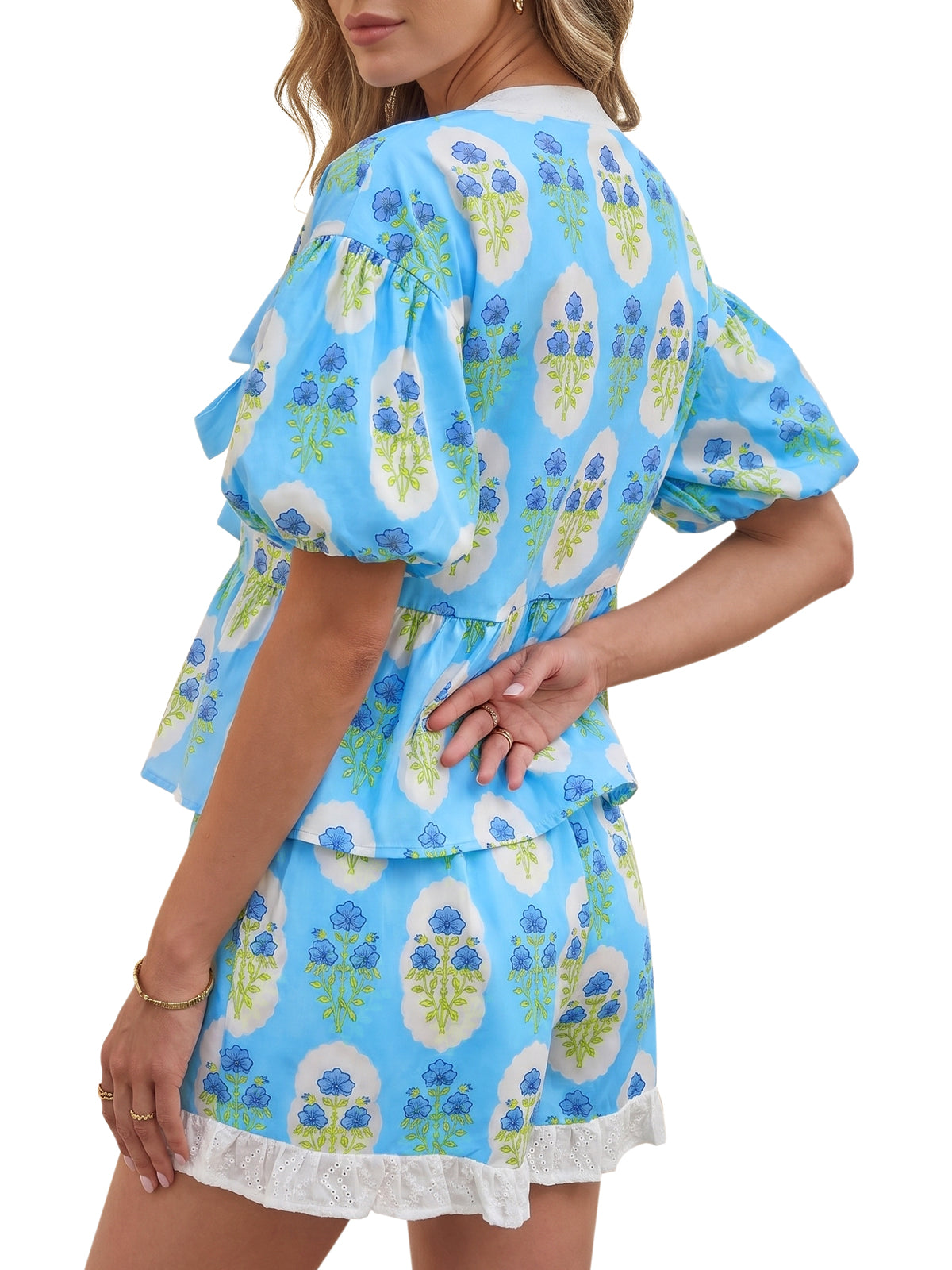 Aoysky Womens Sky Blue Floral Ruffle Short Set