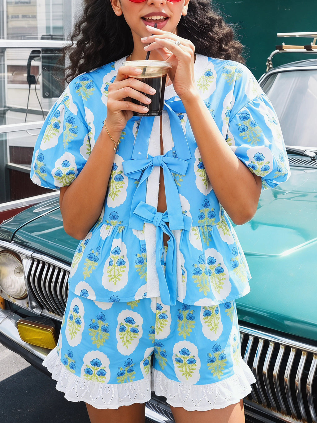Aoysky Womens Sky Blue Floral Ruffle Short Set