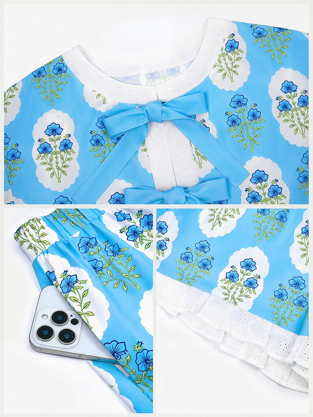 Aoysky Womens Sky Blue Floral Ruffle Short Set