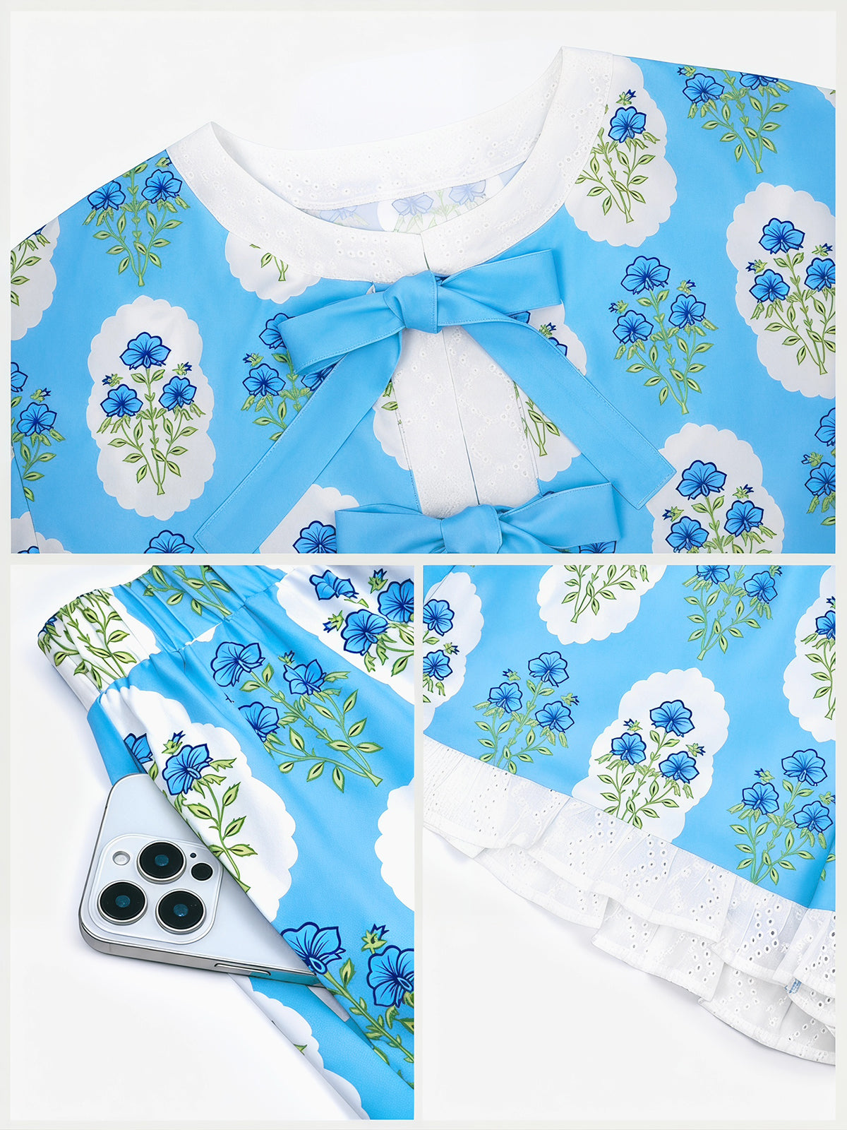 Aoysky Womens Sky Blue Floral Ruffle Short Set