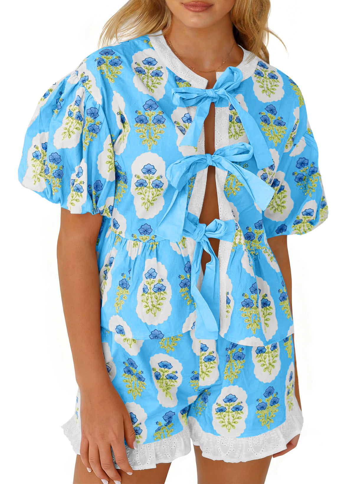 Aoysky Womens Sky Blue Floral Ruffle Short Set