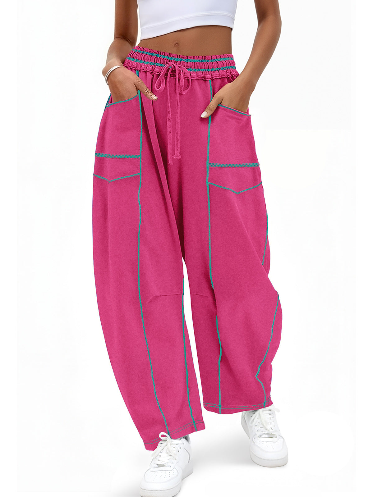 Aoysky Womens Watermelon Red Wide Leg Barrel Pants