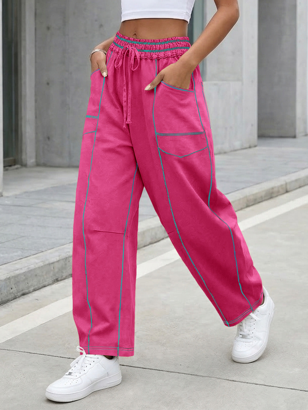 Aoysky Womens Watermelon Red Wide Leg Barrel Pants