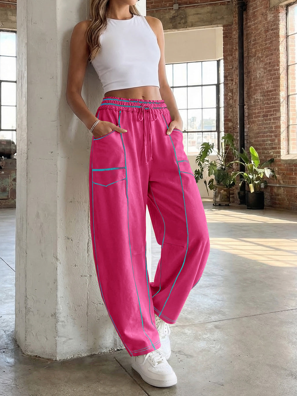 Aoysky Womens Watermelon Red Wide Leg Barrel Pants