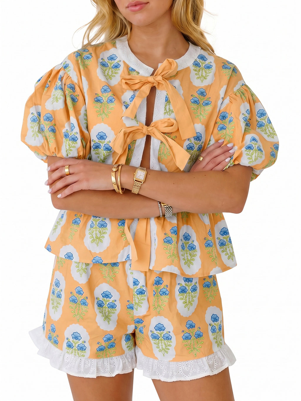 Aoysky Womens Apricot Floral Ruffle Short Set