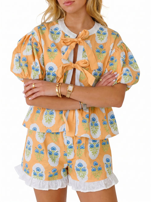 Aoysky Womens Apricot Floral Ruffle Short Set