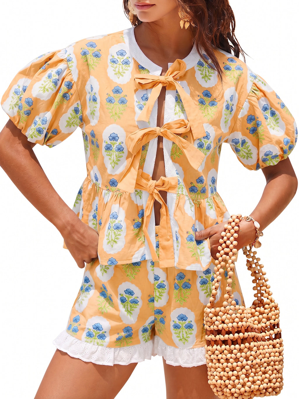 Aoysky Womens Apricot Floral Ruffle Short Set