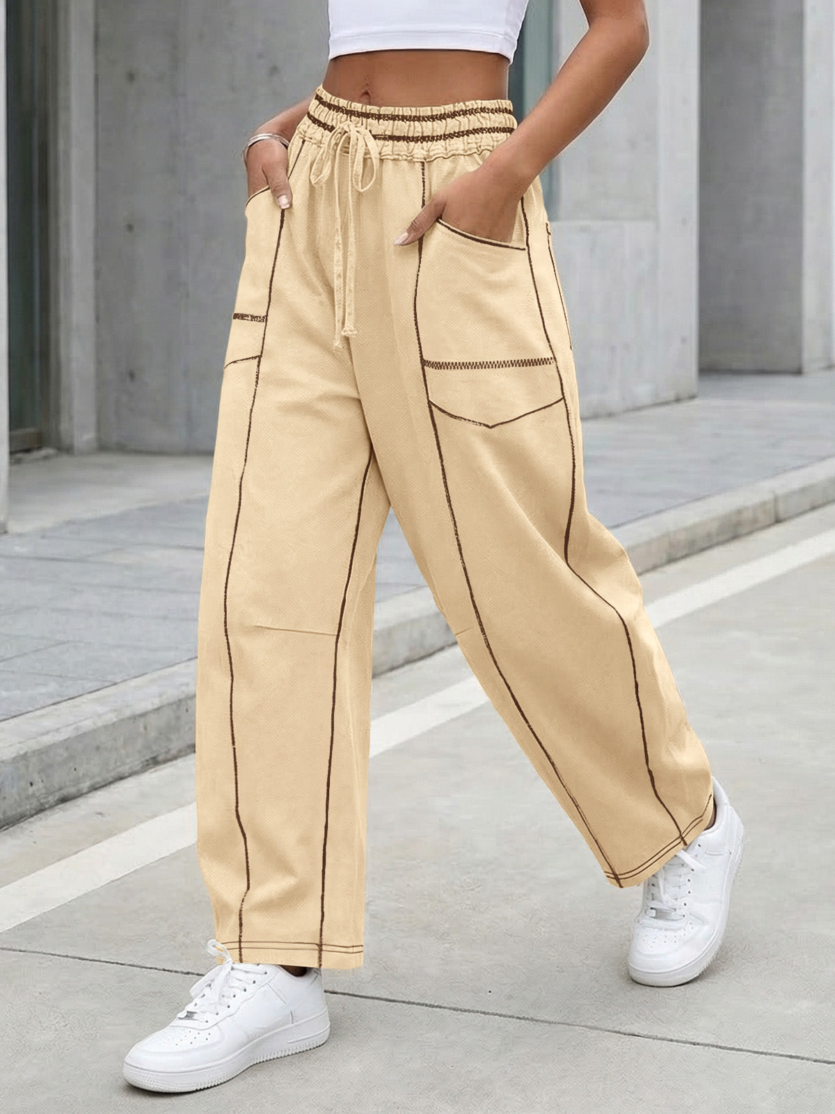 Aoysky Womens Apricot Wide Leg Barrel Pants