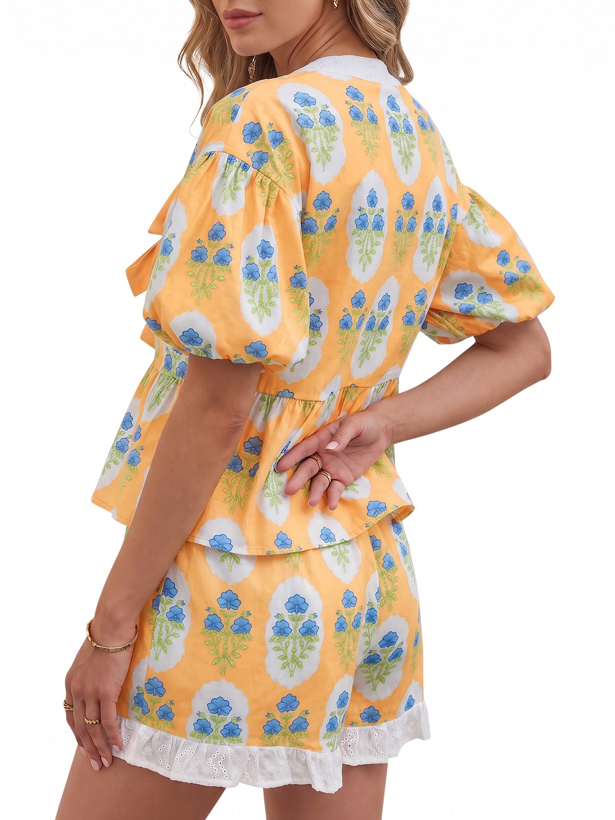 Aoysky Womens Apricot Floral Ruffle Short Set