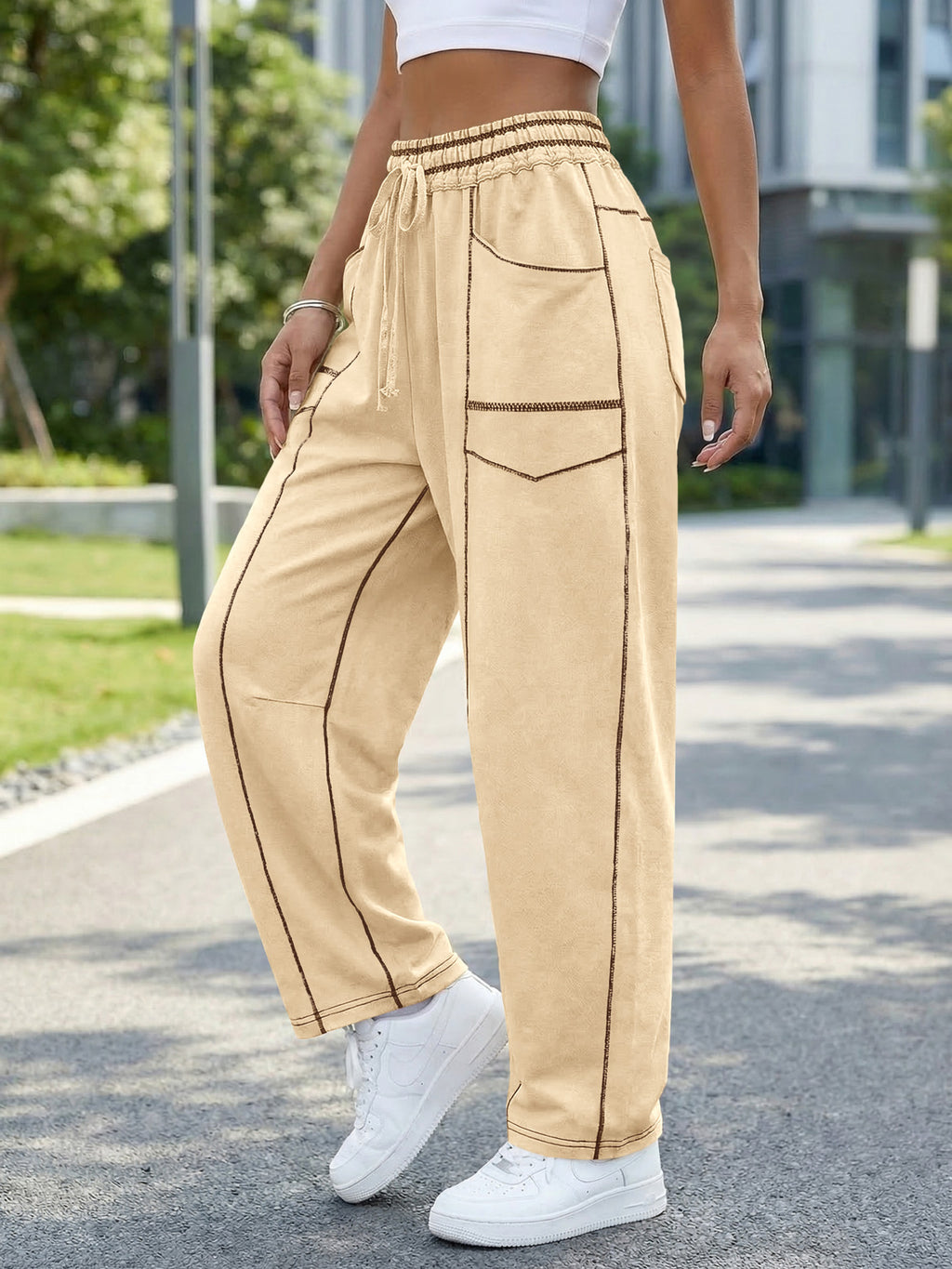 Aoysky Womens Apricot Wide Leg Barrel Pants