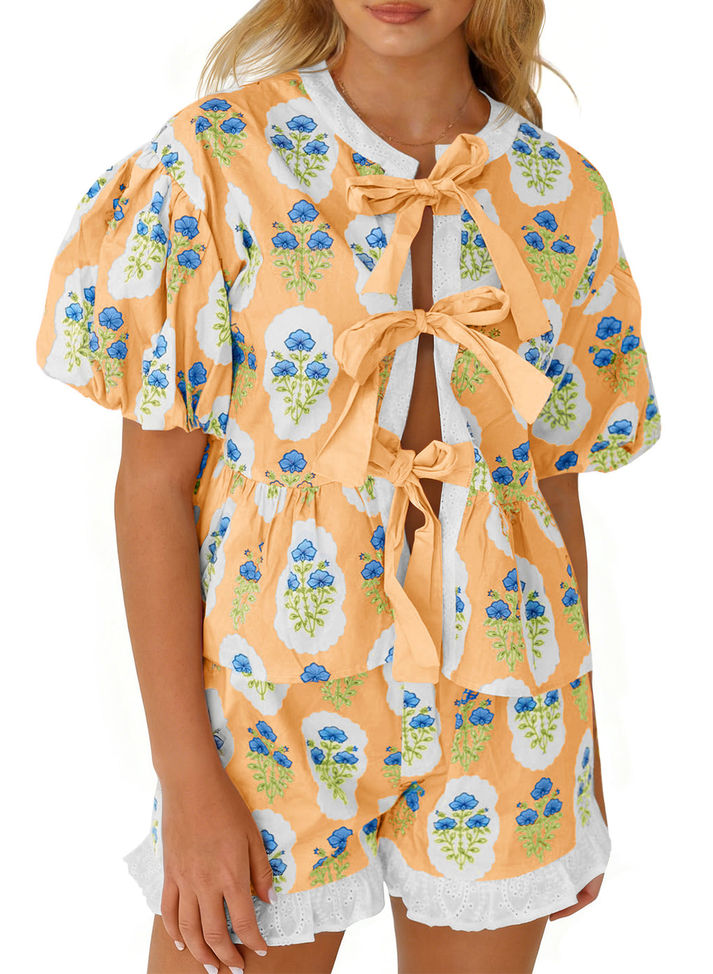 Aoysky Womens Apricot Floral Ruffle Short Set