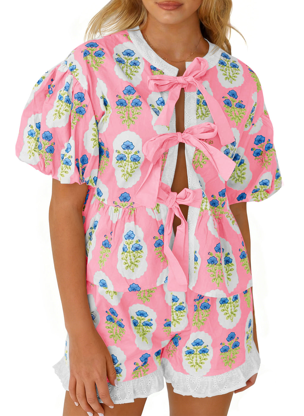 Aoysky Womens Light Pink Floral Ruffle Short Set